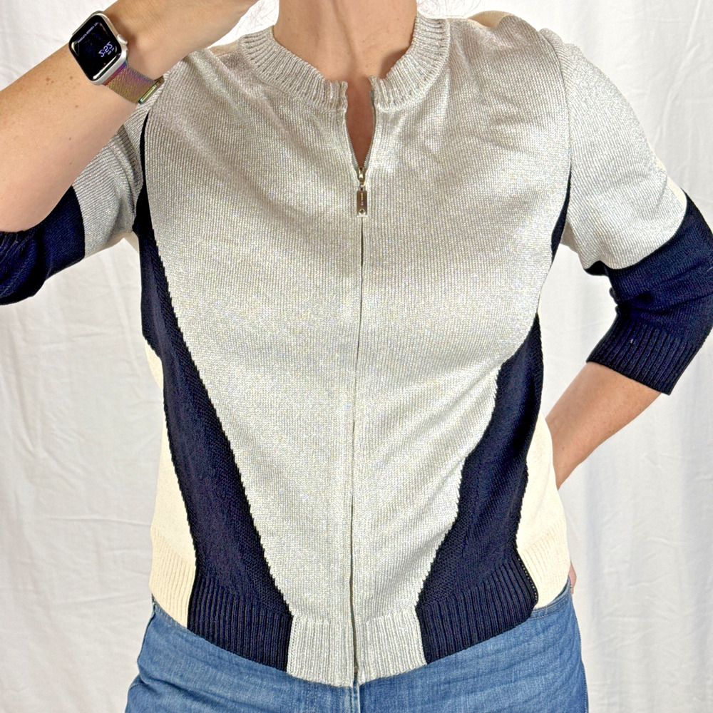 St John SoCa Womens Full Zip Colorblock Sweater Jacket Size M Wool 3/4 Sleeve